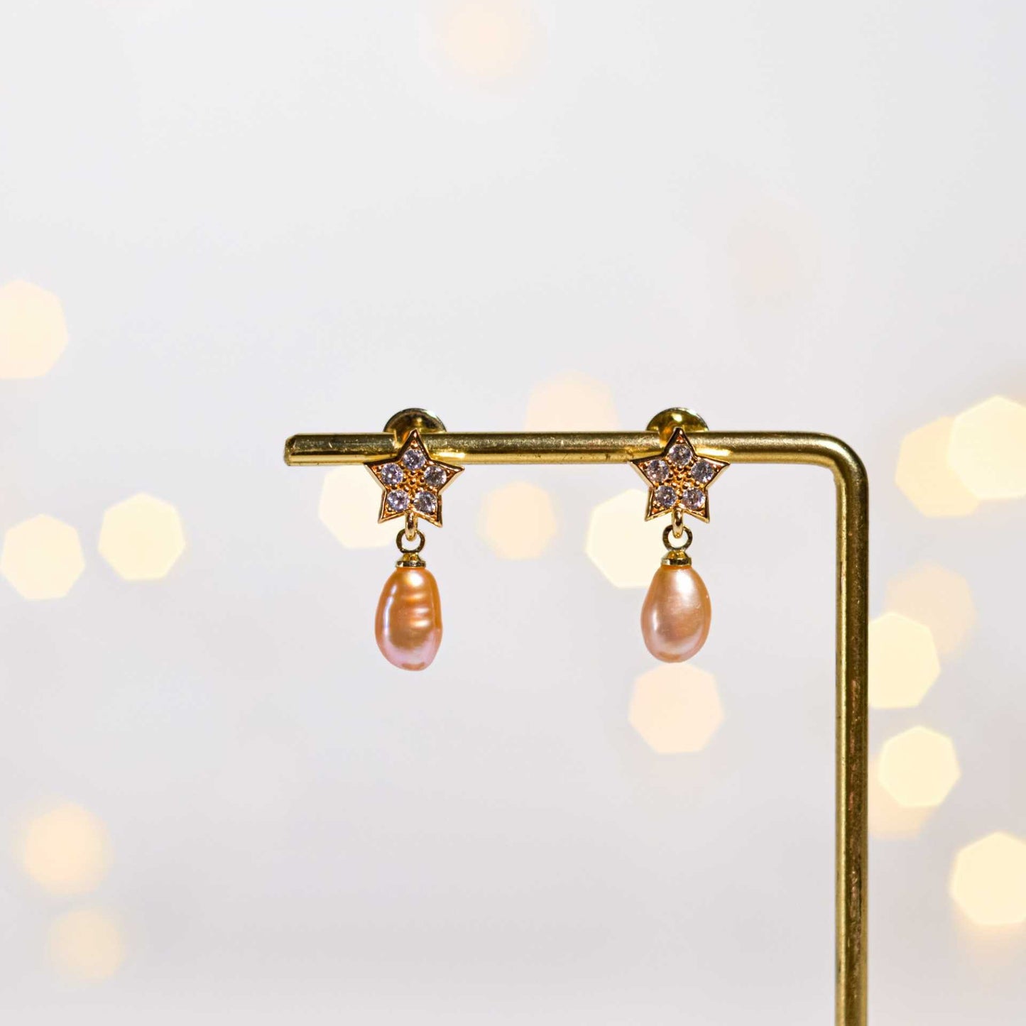 10.1 mm Purple Baroque Pearl Yellow Gold Plated Dangling with 9.2 mm Star Stud with Zircon Earrings