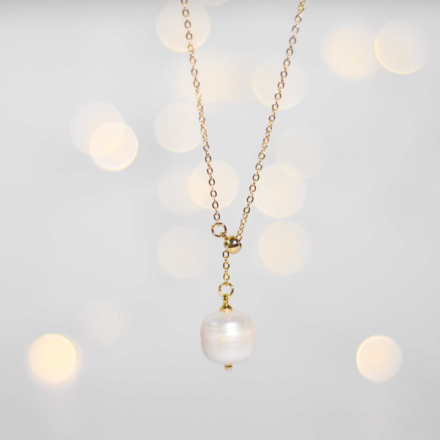 12.2 mm White Semi-Round Pearl Yellow Gold Plated Adjustable Necklace