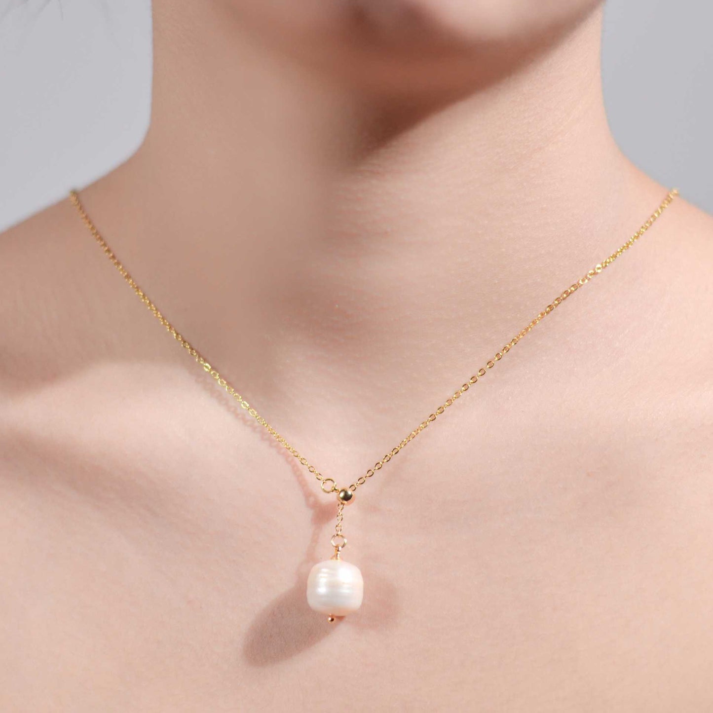 12.2 mm White Semi-Round Pearl Yellow Gold Plated Adjustable Necklace