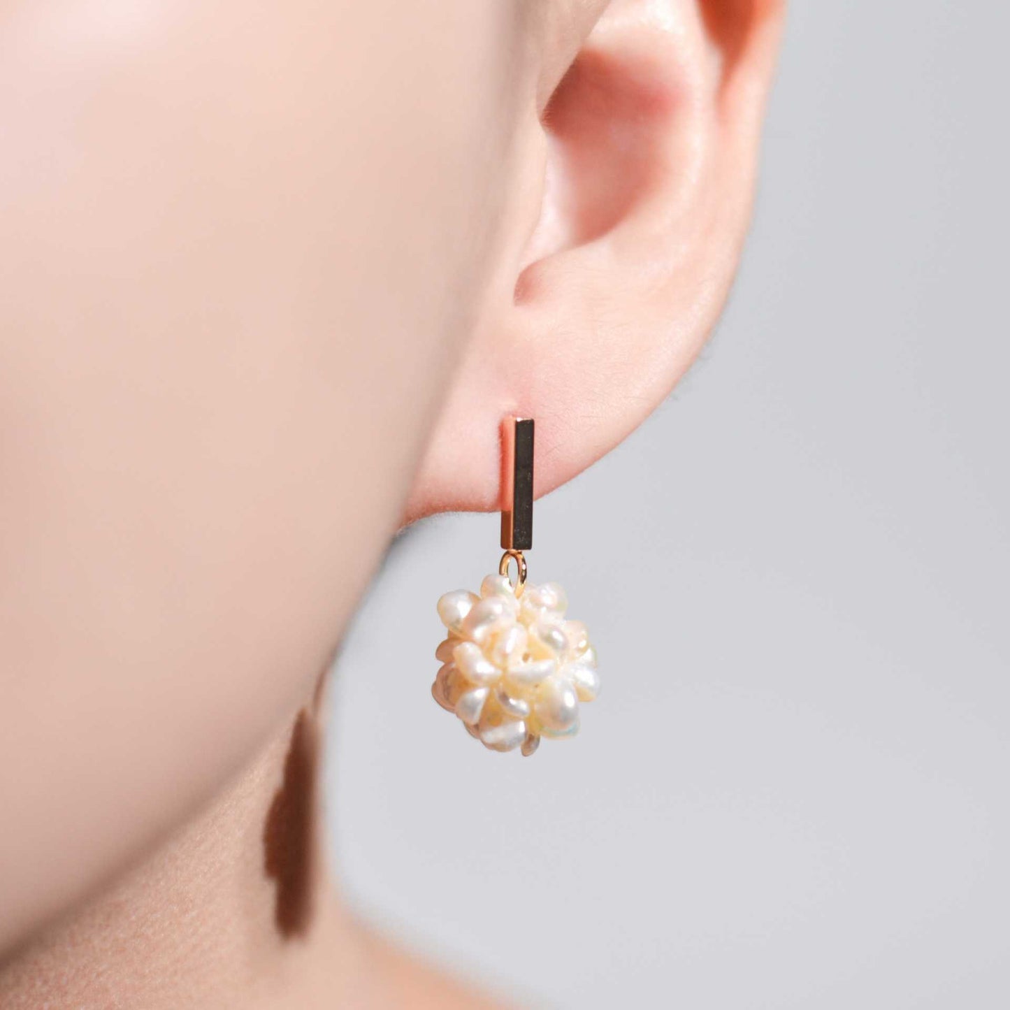 15 mm White Pearl Ball Yellow Gold Plated with Rectangular Stud Earrings