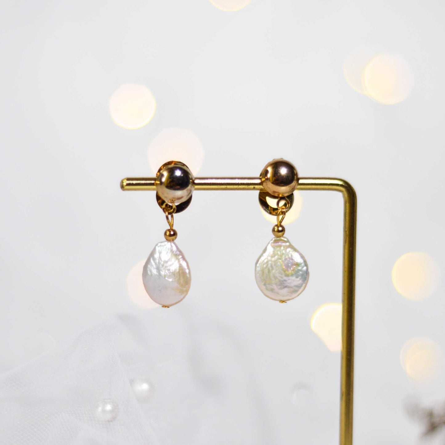 15 mm white flat coin pearl dangling yellow gold plated with 8.5 mm round stud earrings