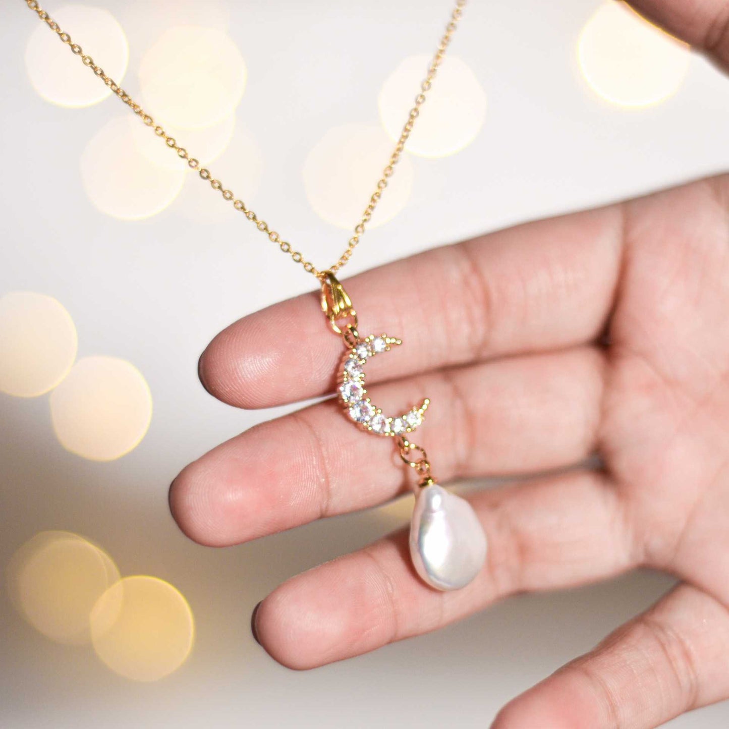 16 mm White Flat Coin Pearl Yellow Gold Plated Necklace with 15 mm Crescent Moon Pendant