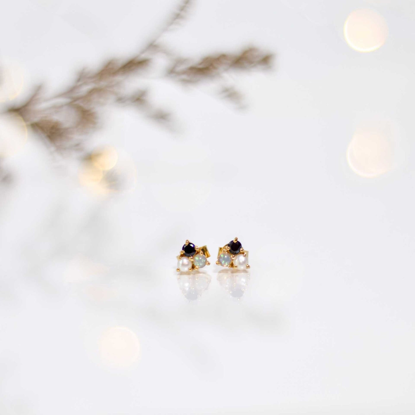 3 mm Pearl, Opal, Black Onyx Cluster Earrings