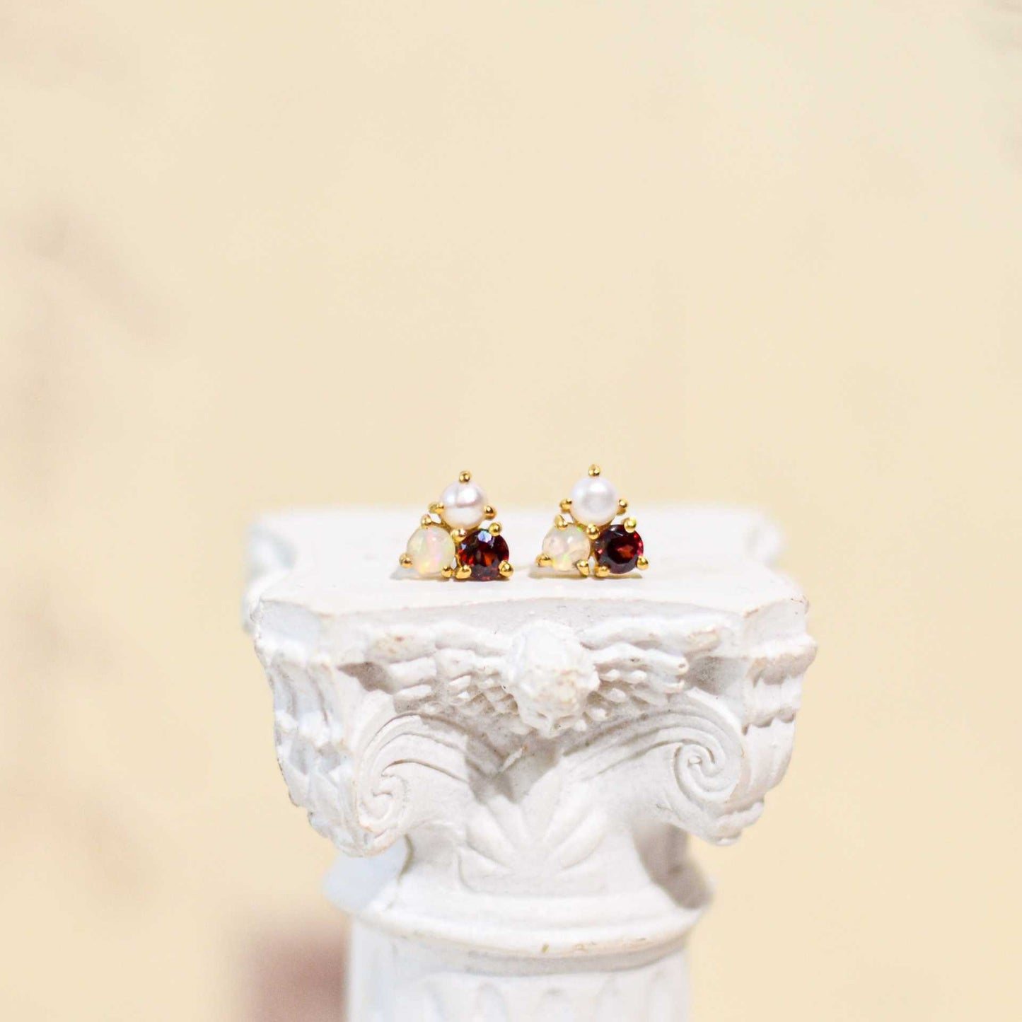 3 mm Pearl, Opal, Red Garnet Cluster Earrings