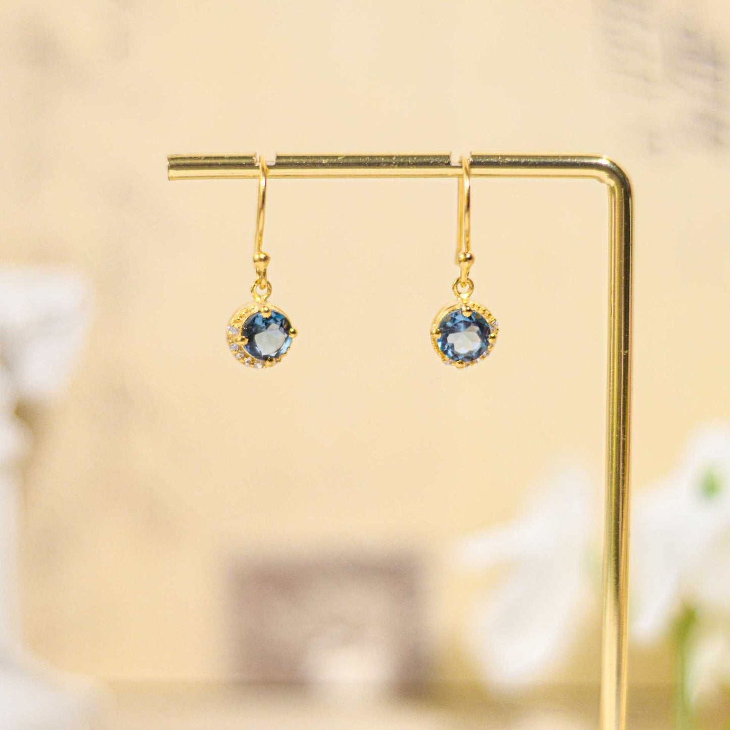 6 mm Round cut London Blue Topaz with Crescent Cz Earrings