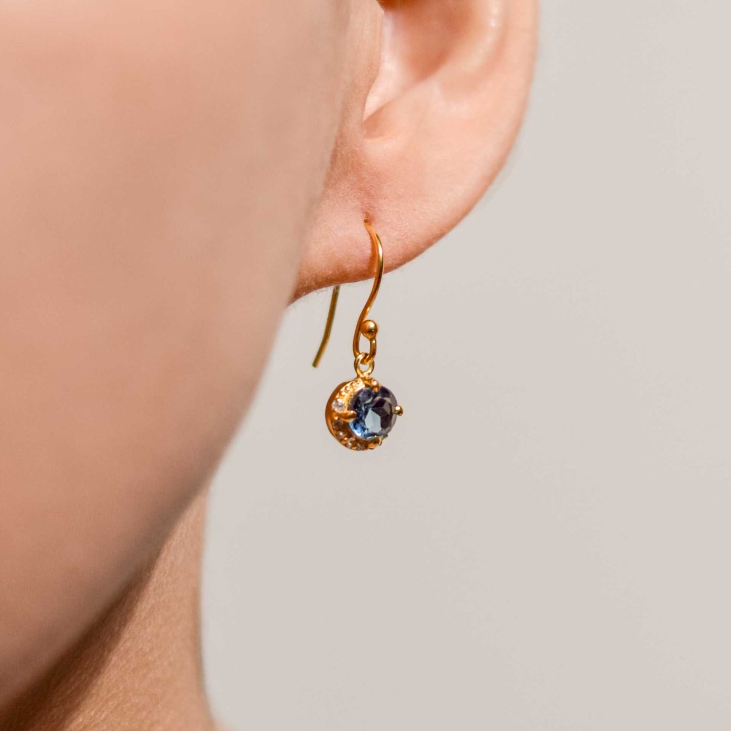 6 mm Round cut London Blue Topaz with Crescent Cz Earrings