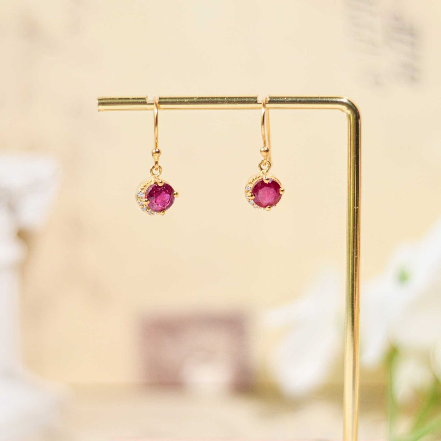 6 mm Round cut Ruby with Crescent Cz Earrings