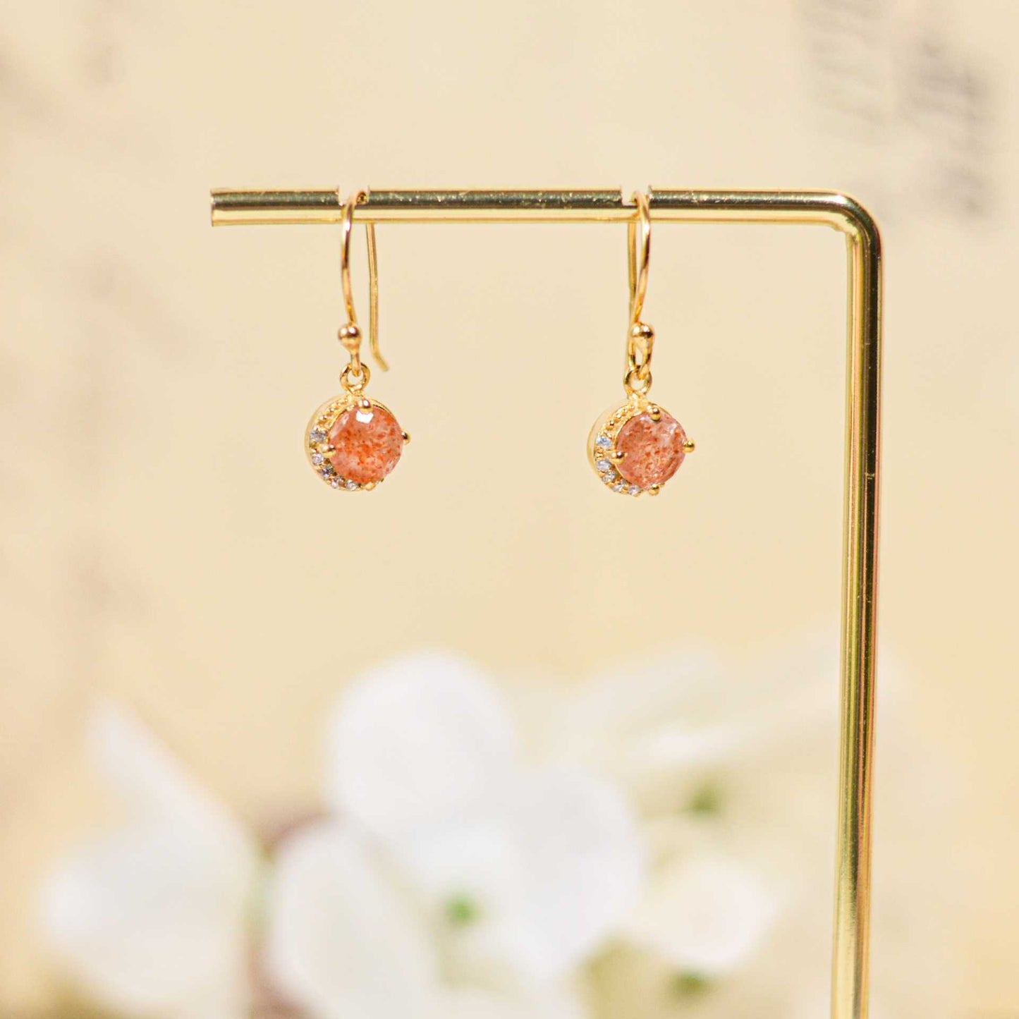 6 mm Round cut Sunstone with Crescent Cz Earrings