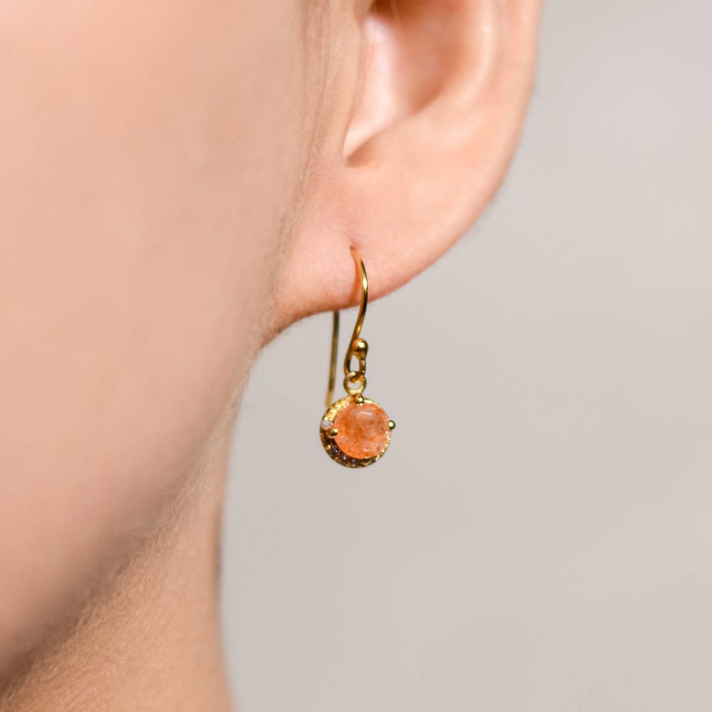 6 mm Round cut Sunstone with Crescent Cz Earrings
