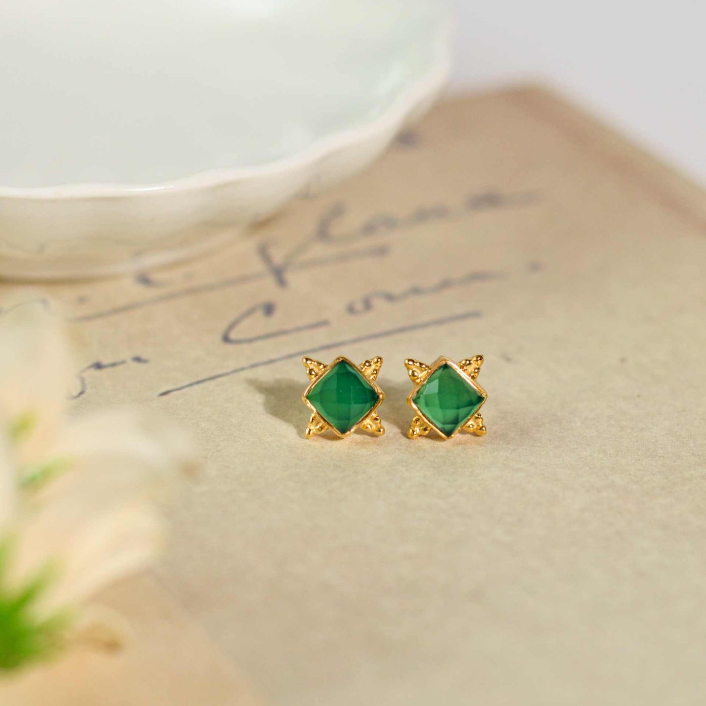 6 mm Square cut Green Onyx Earrings