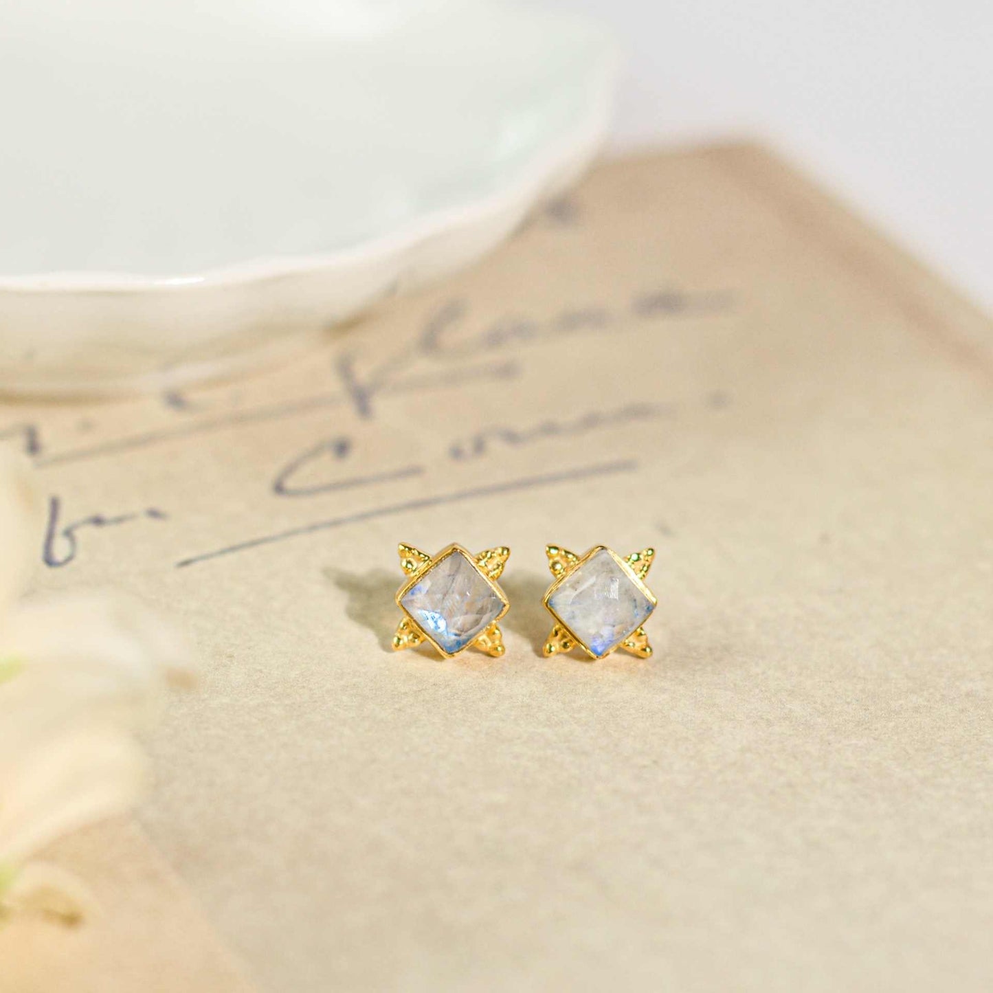 6 mm Square cut Rainbow Moonstone Earrings