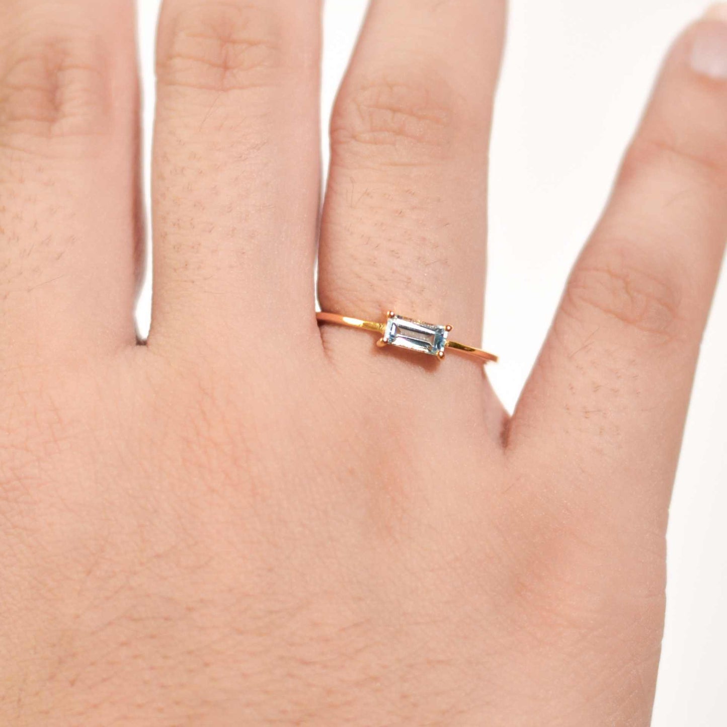 6 x 3 mm Baguette cut Blue Topaz Ring