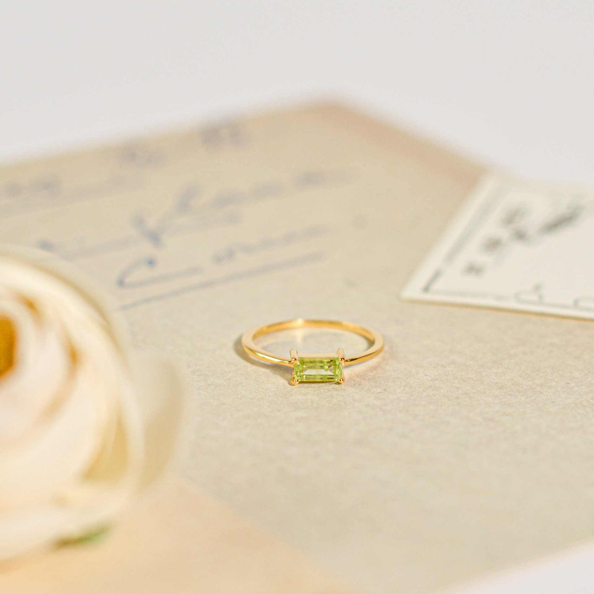 6 x 3 mm Baguette cut Peridot Ring