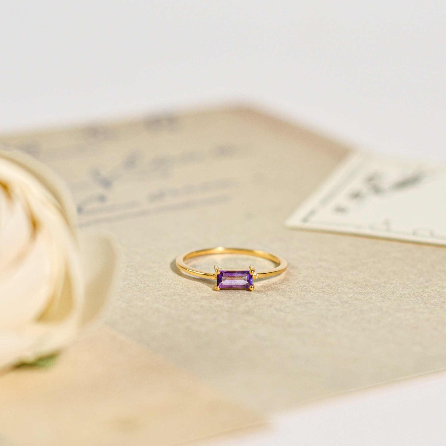6 x 3 mm Baguette cut Purple Amethyst Ring