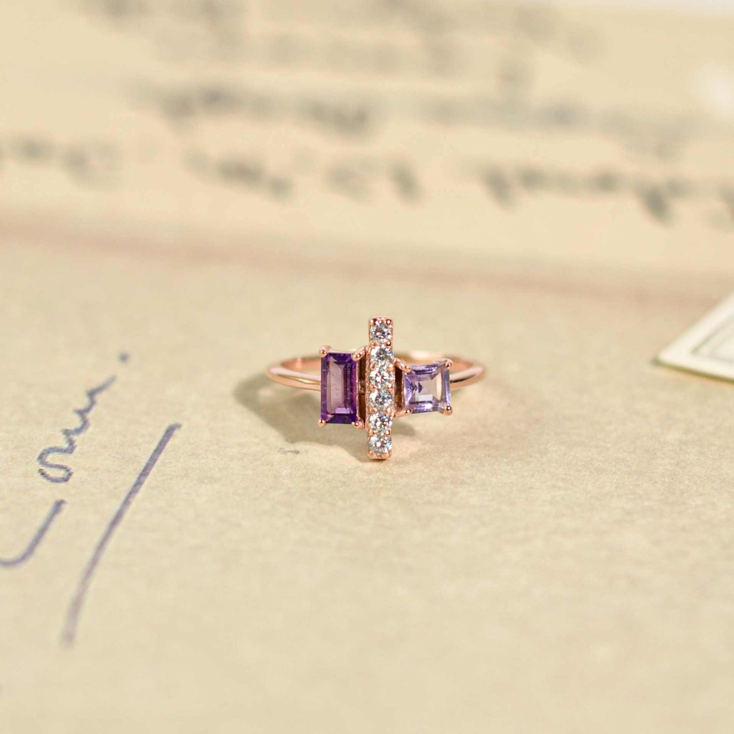 6 x 3 mm Baguette cut Purple Amethyst and Pink Amethyst with Cz accents Ring