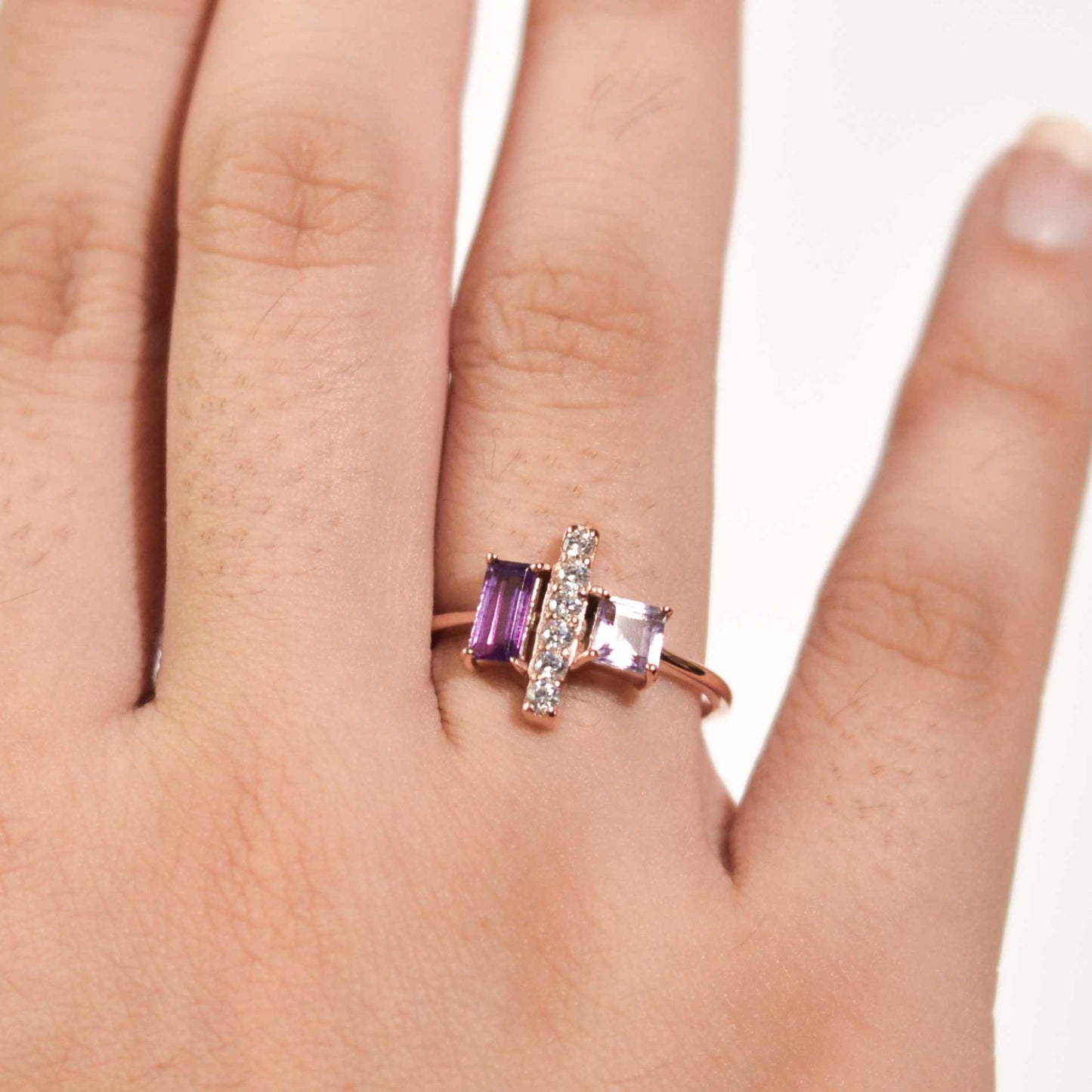 6 x 3 mm Baguette cut Purple Amethyst and Pink Amethyst with Cz accents Ring