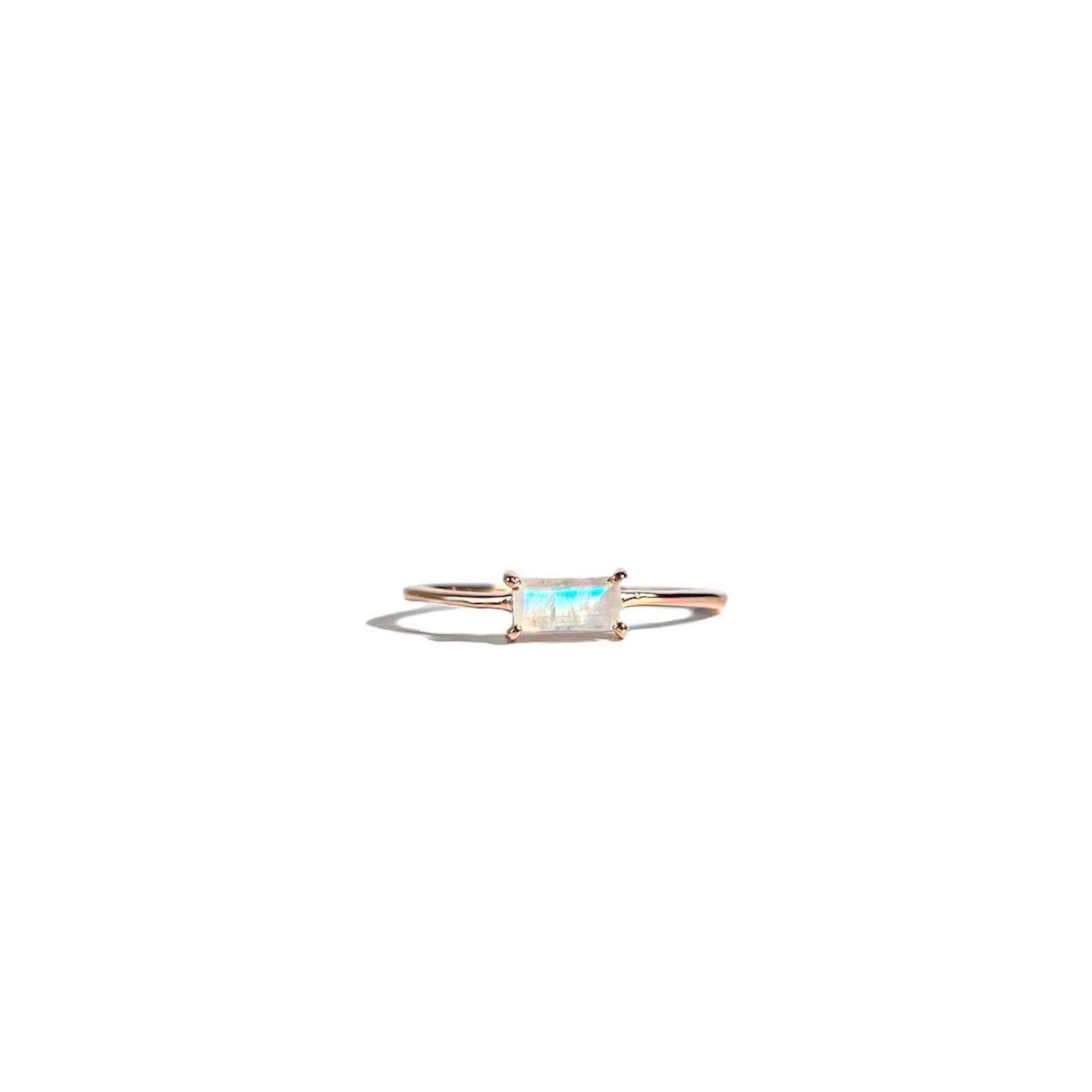 6 x 3 mm Baguette cut Rainbow Moonstone Ring
