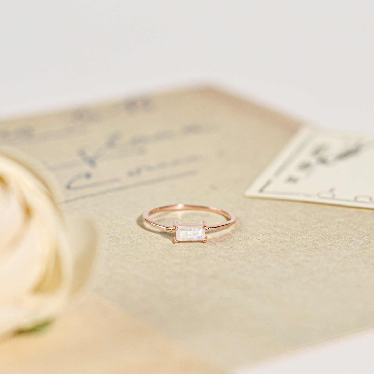 6 x 3 mm Baguette cut Rainbow Moonstone Ring