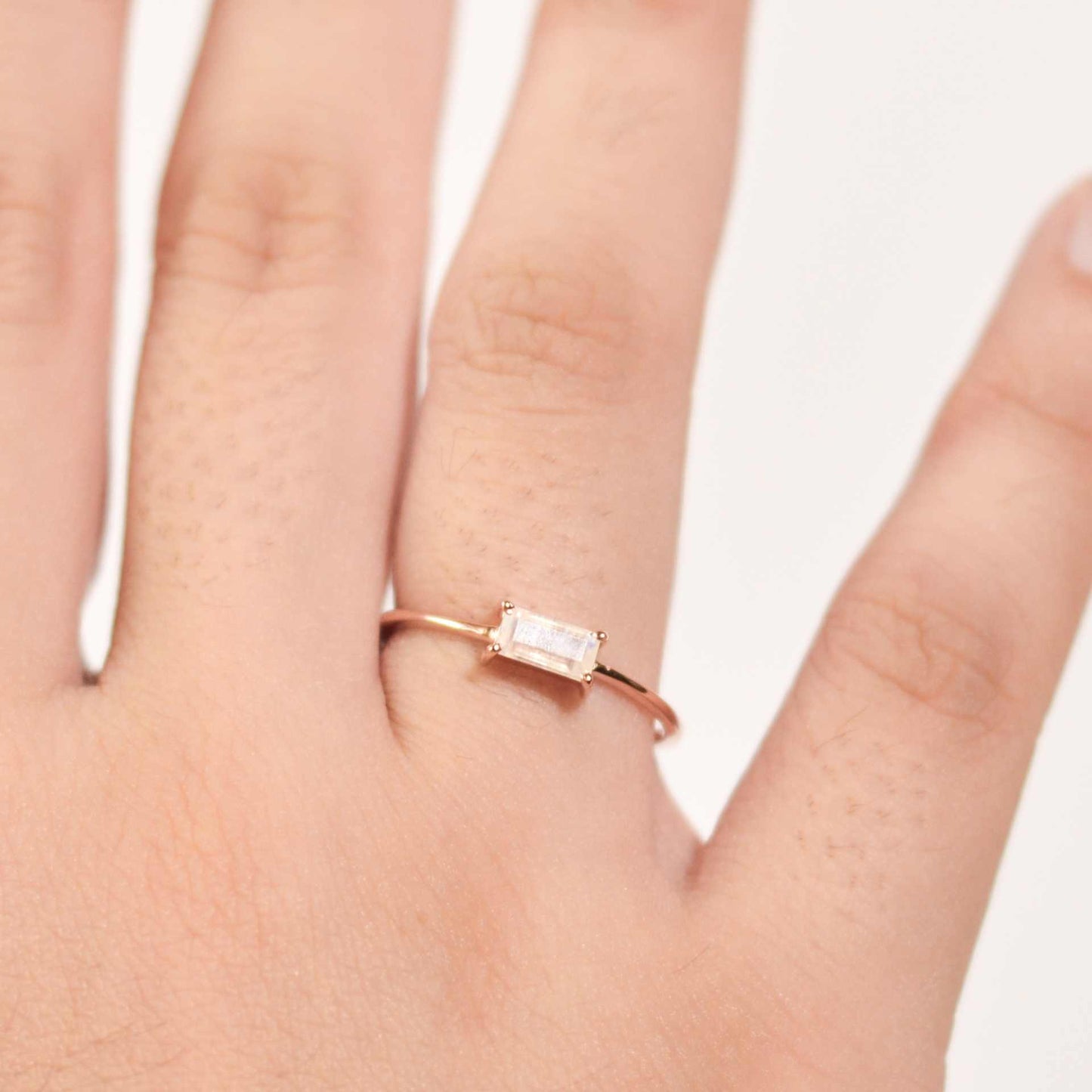 6 x 3 mm Baguette cut Rainbow Moonstone Ring