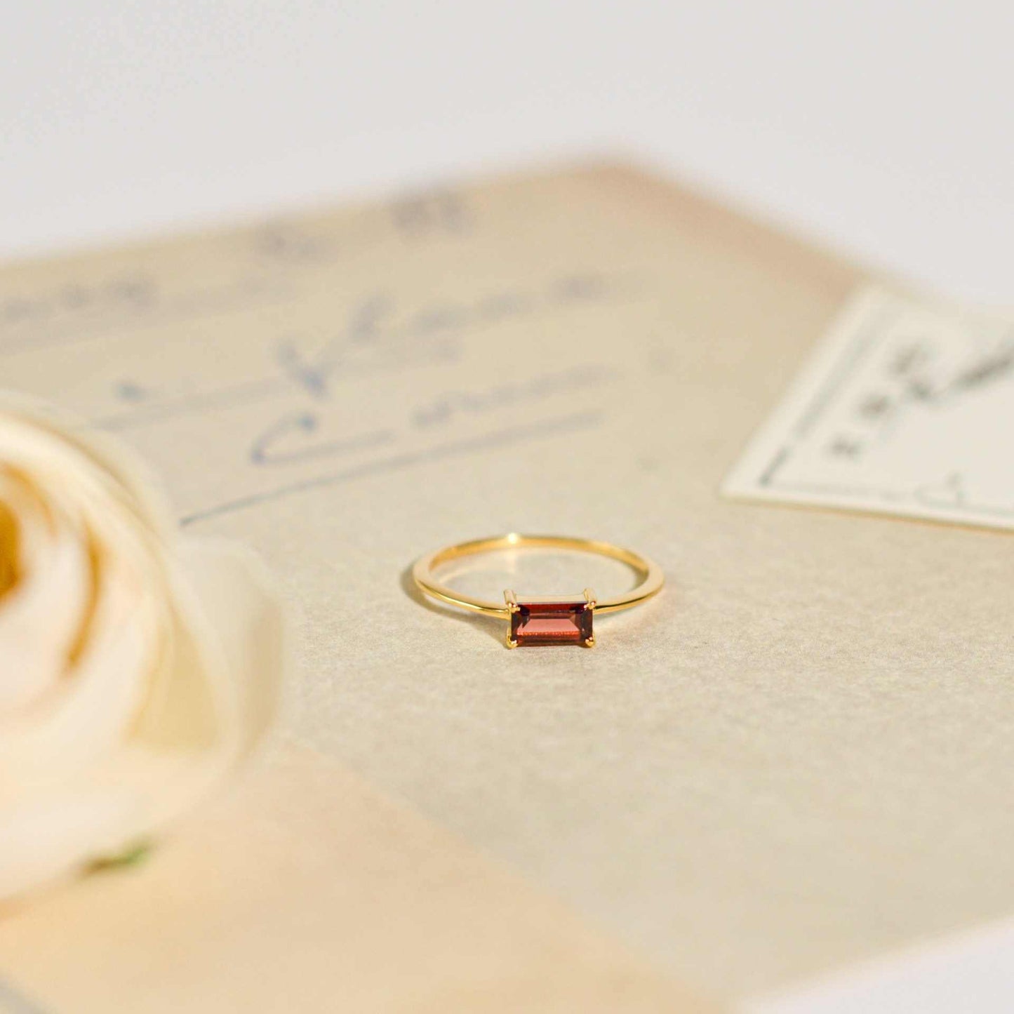 6 x 3 mm Baguette cut Red Garnet Ring