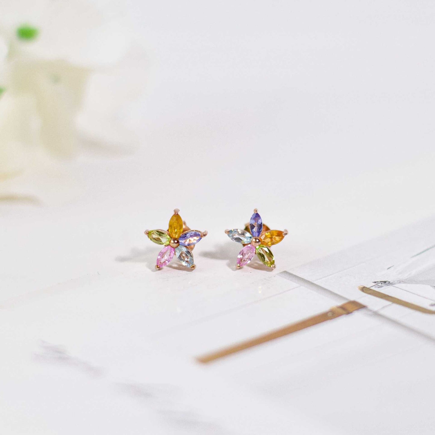6 x 3 mm Marquise cut Flower Cluster Earrings (Yellow Thai Sapphire, Pink Tourmaline, Peridot, Tanzanite, Blue Topaz)
