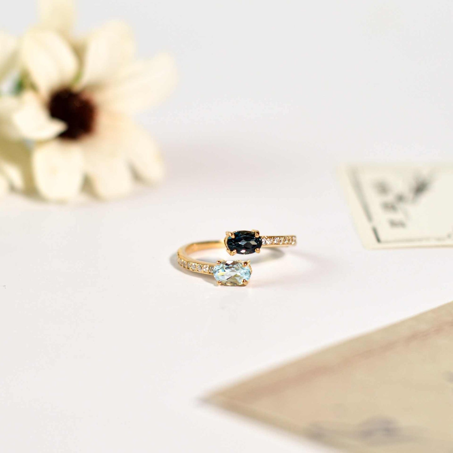 6 x 4 mm Oval cut Blue Topaz and London Blue Topaz Open Ring