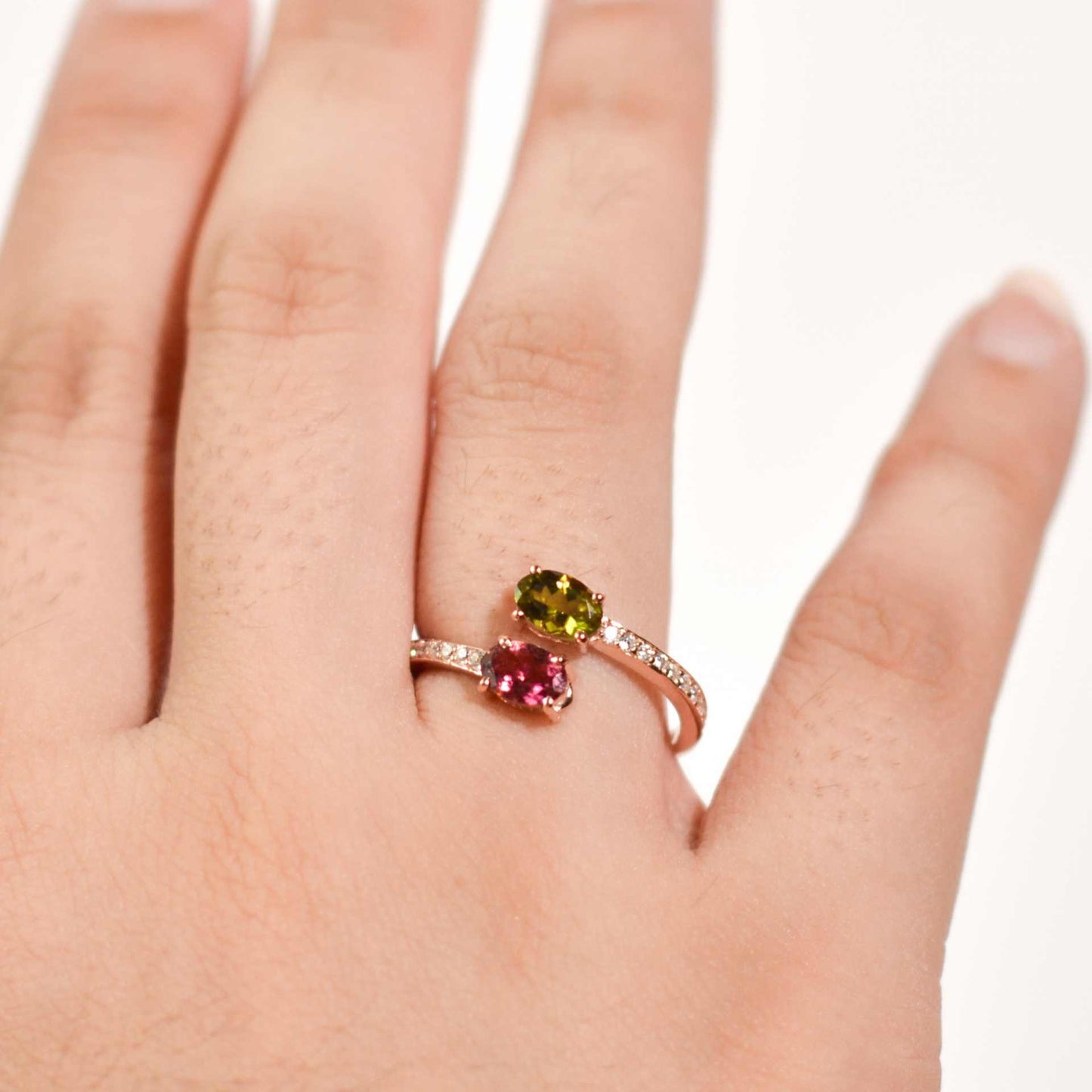 6 x 4 mm Oval cut Pink and Light Green Tourmaline Open Ring
