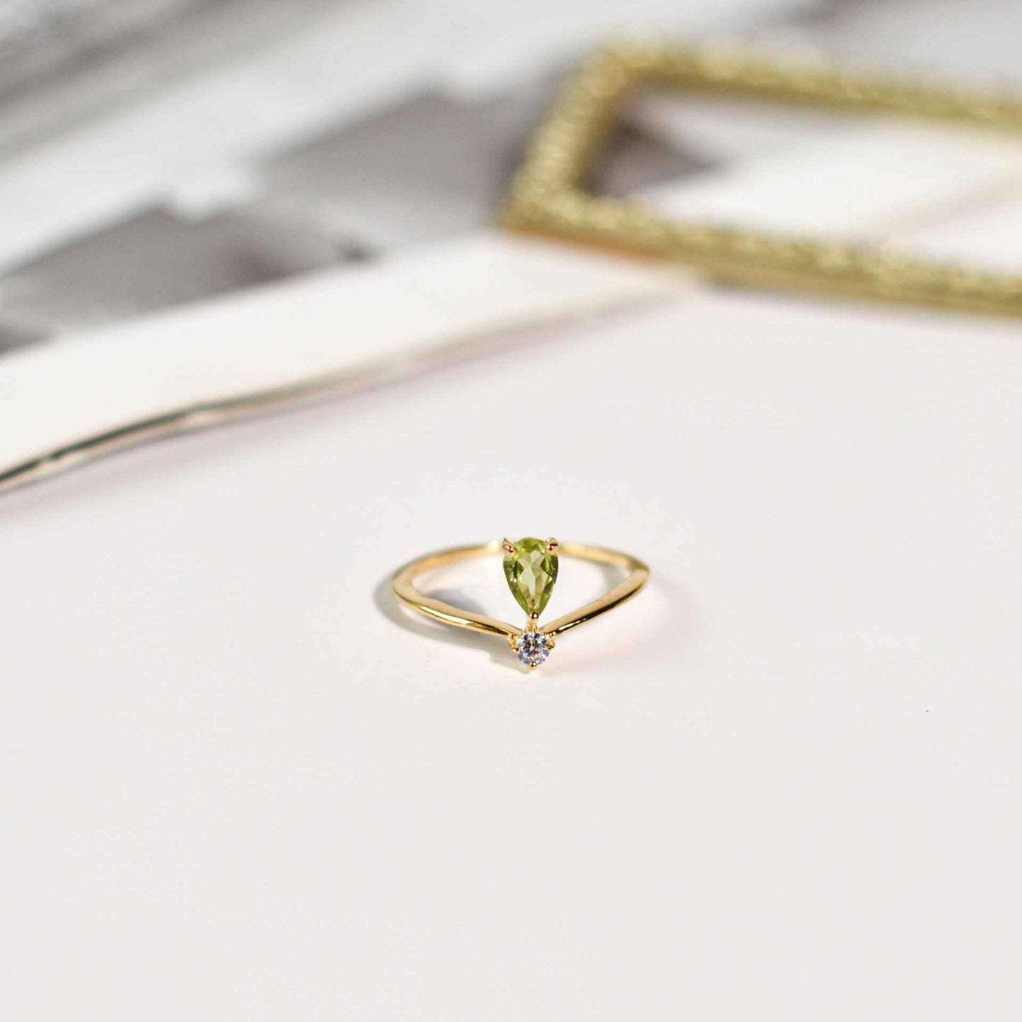 6 x 4 mm Pear cut Peridot with Cz Accent Tiara Ring