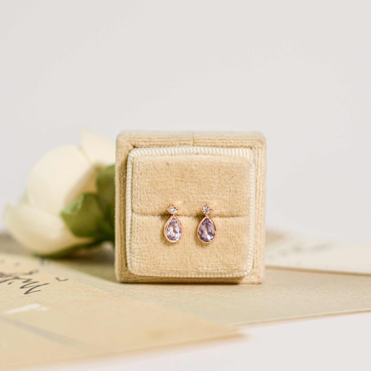 6 x 4 mm Pear cut Pink Amethyst with Cz Accent Earrings