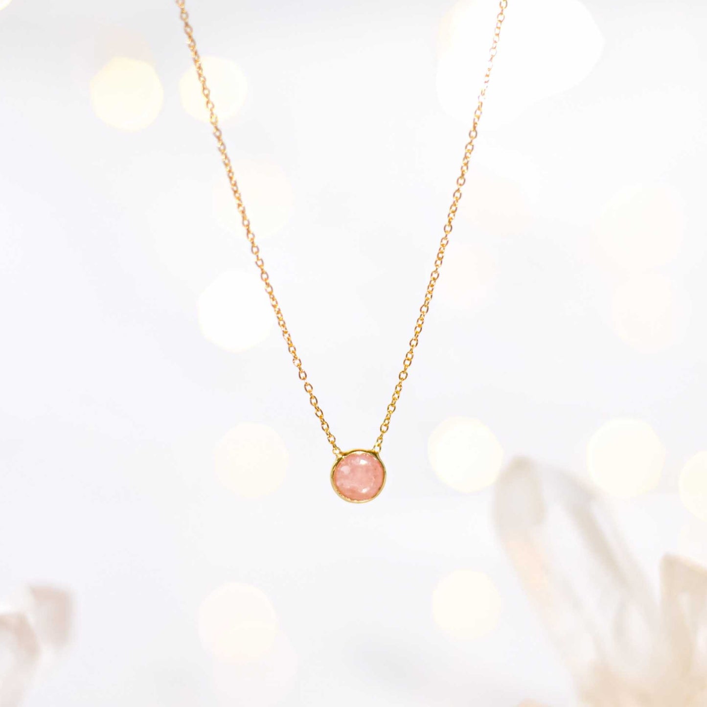 7 mm Round cut Pink Opal Yellow gold plated Necklace