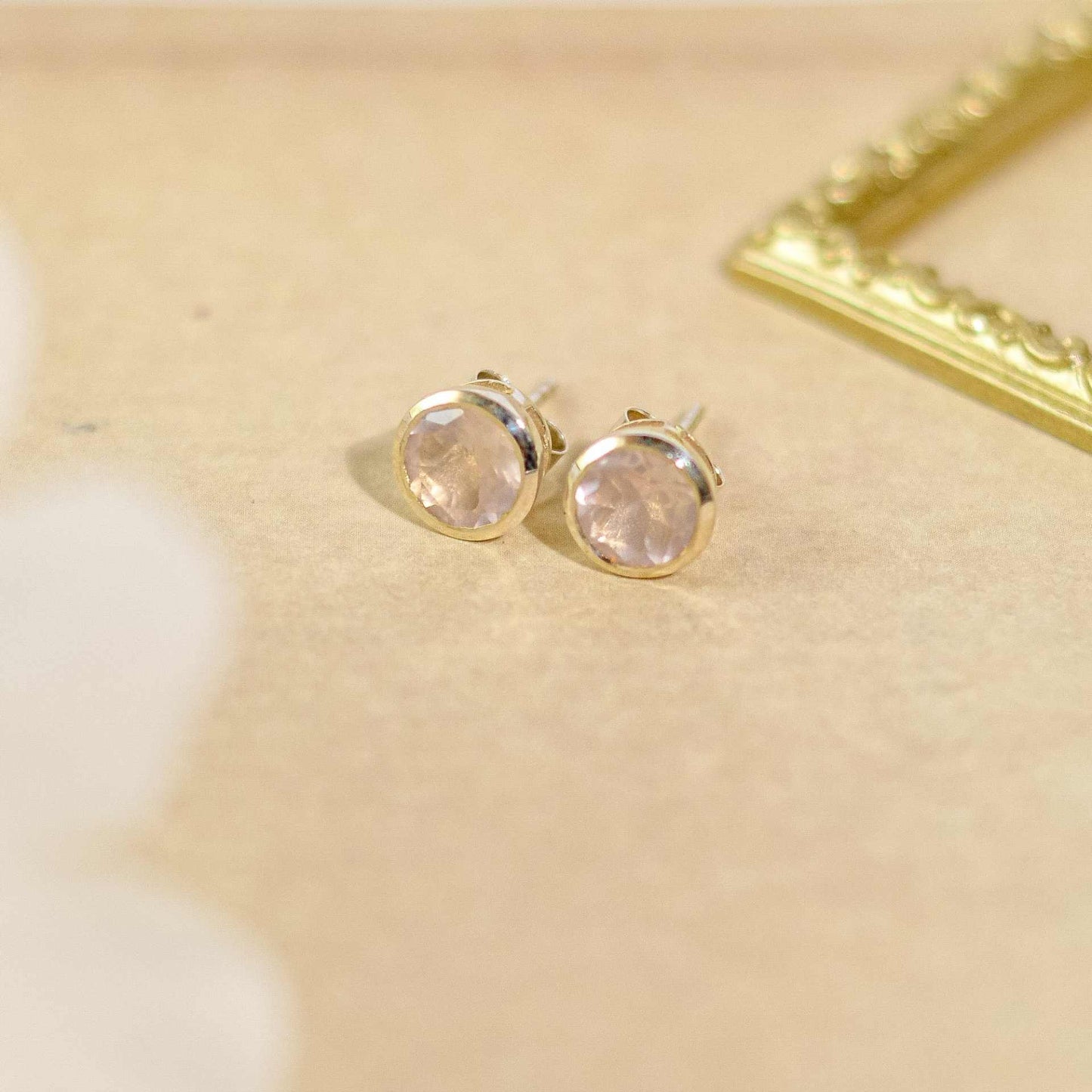 7 mm Round cut Rose Quartz Bezel Earrings