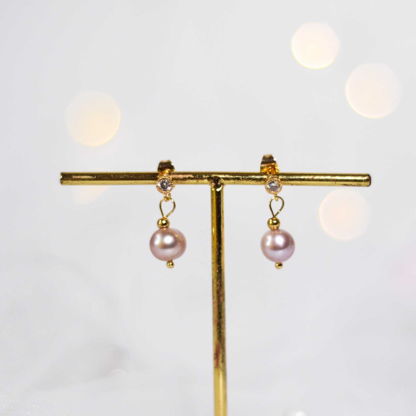 8.6 mm purple semi-round pearl yellow gold plated dangling with 4 mm zircon stud earrings
