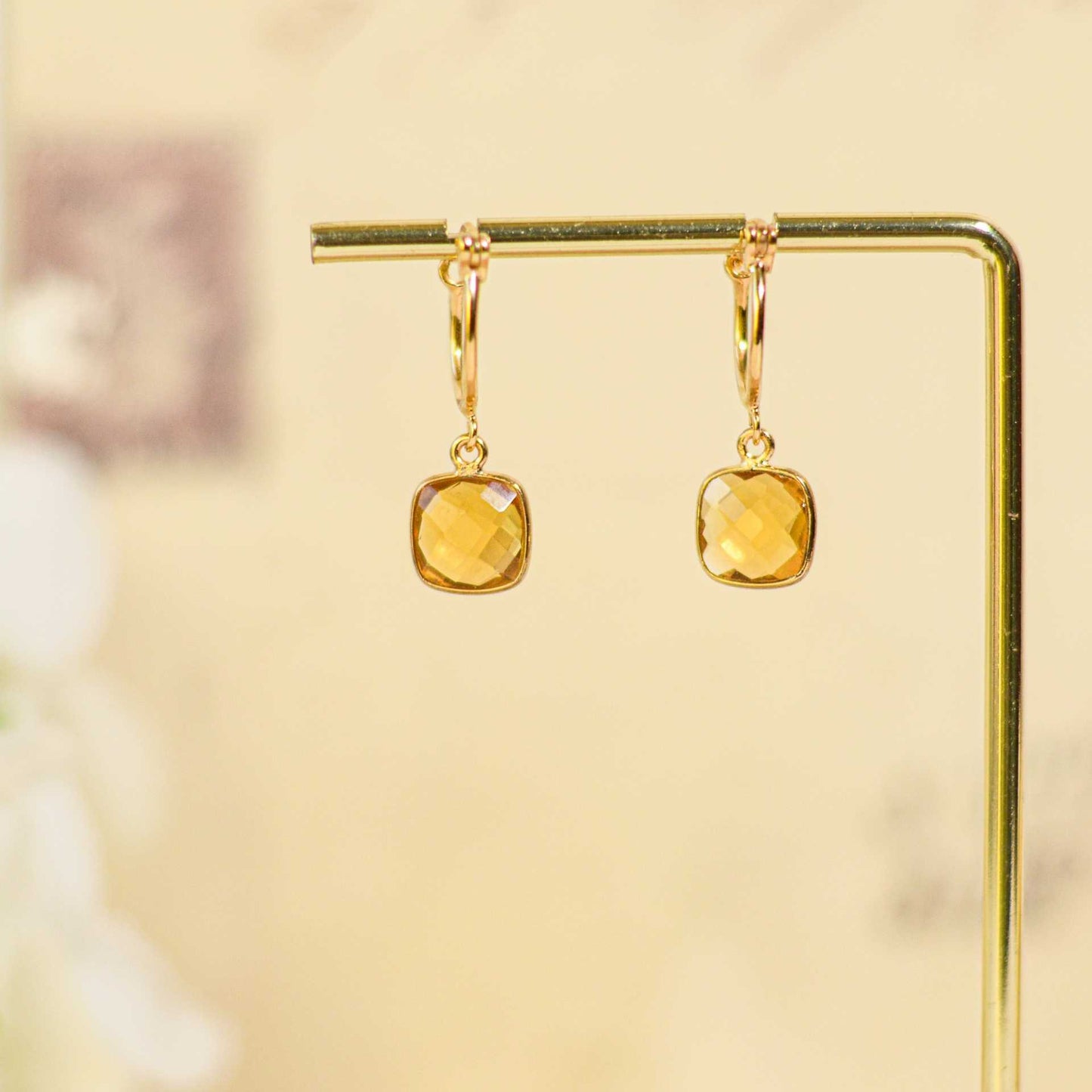 8 mm Cushion Briolette Citrine Small Hoop Earrings