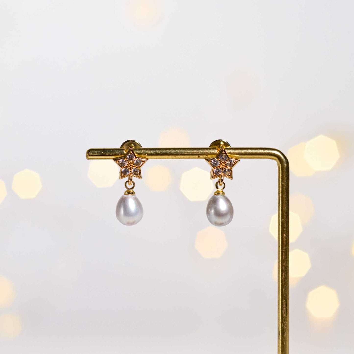 9.0 mm Gray Biwa Pearl Yellow Gold Plated Dangling with 9.2 mm Star Stud with Zircon Earrings