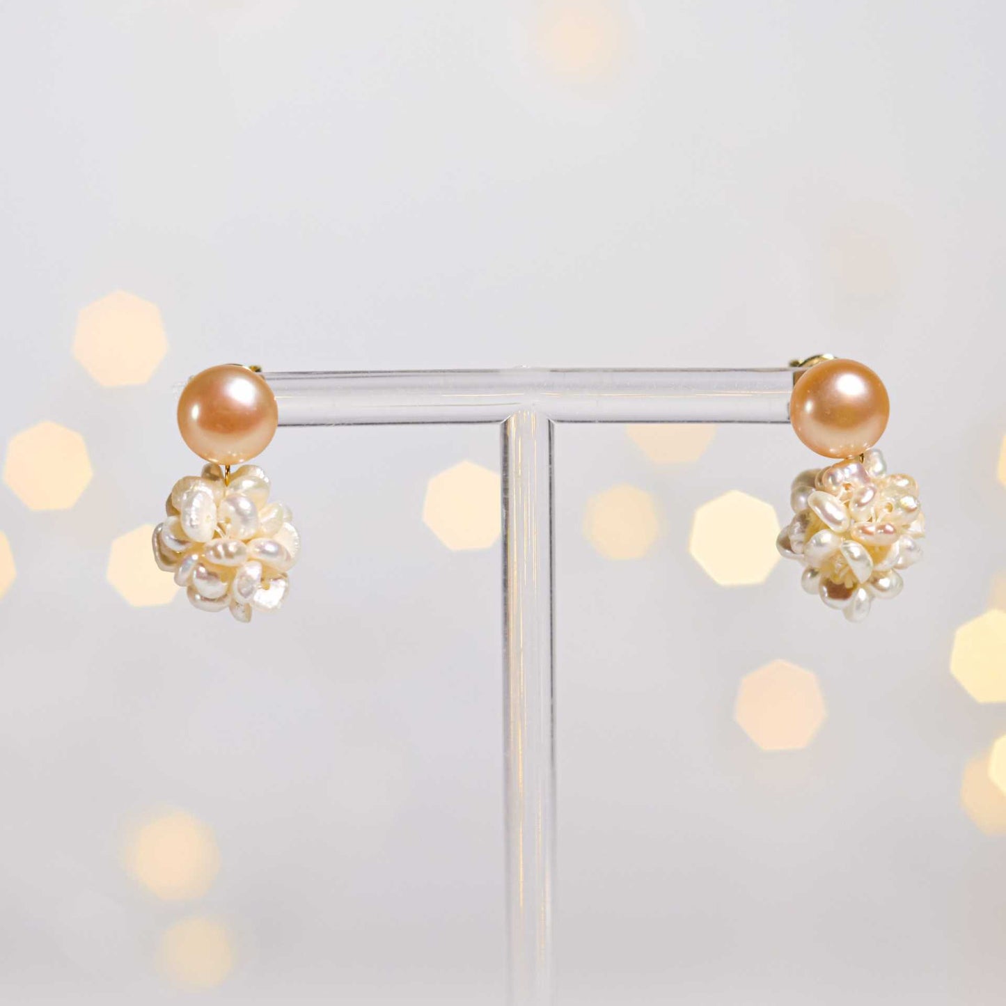 9.1 mm Peach Siopao Pearl Yellow Gold Plated Stud with 14 mm White Pearl Ball Earrings