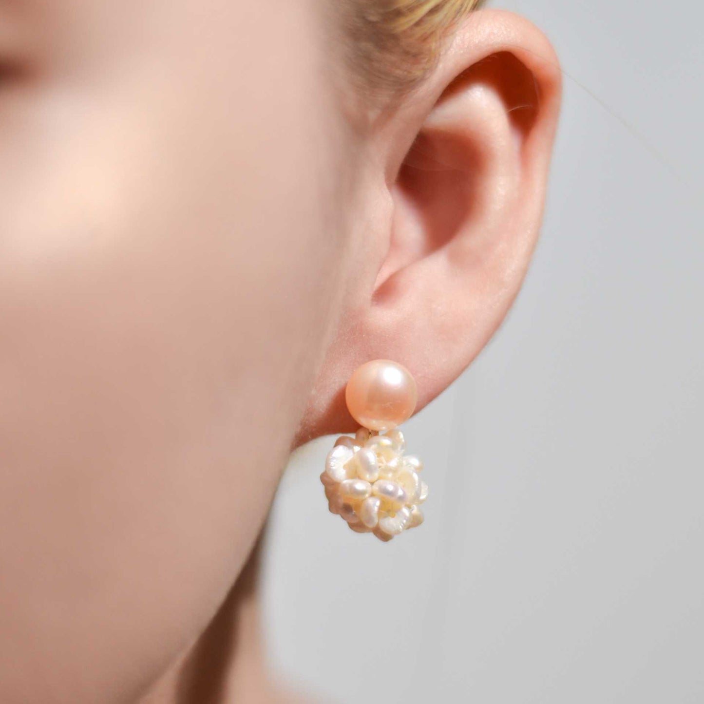 9.1 mm Peach Siopao Pearl Yellow Gold Plated Stud with 14 mm White Pearl Ball Earrings