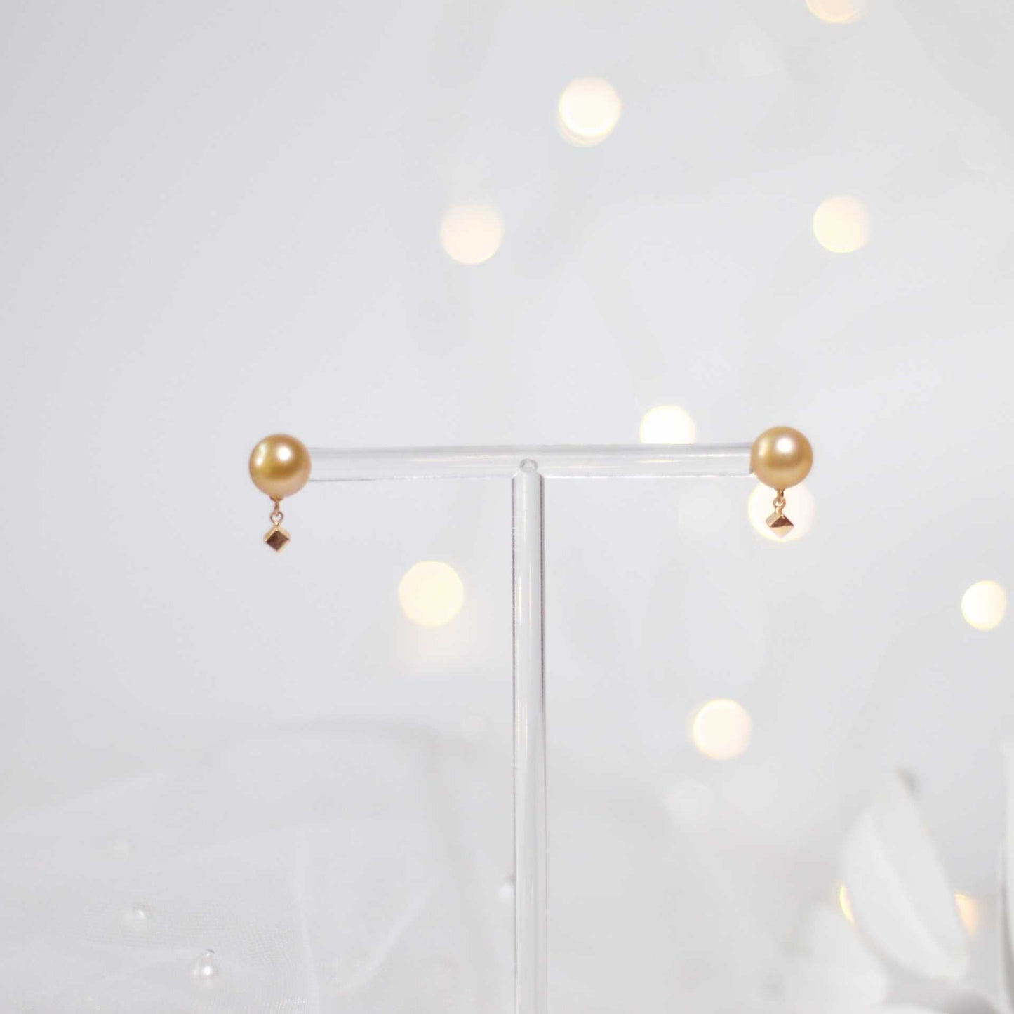 9.4 mm champagne siopao pearl yellow gold plated stud with cube drop