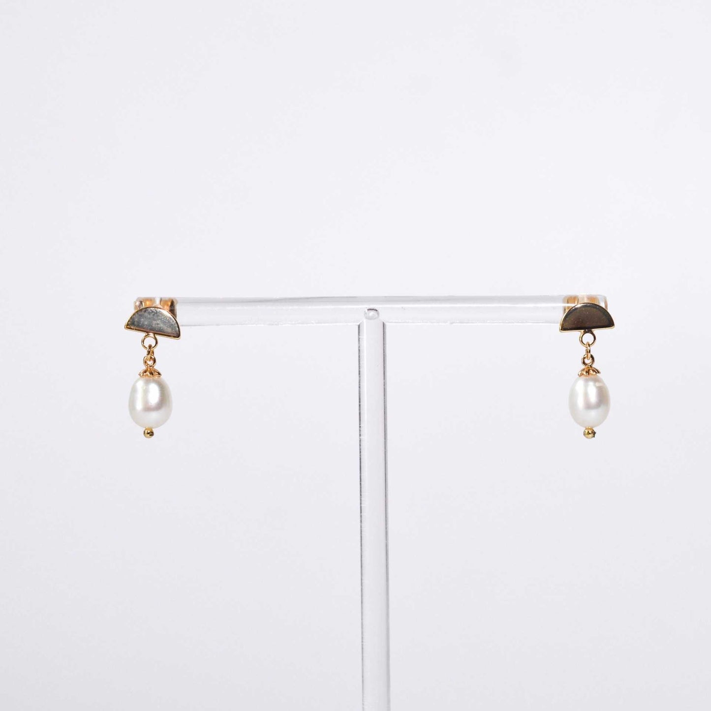 9.5 mm white biwa pearl dangling yellow gold plated with half circle stud earrings