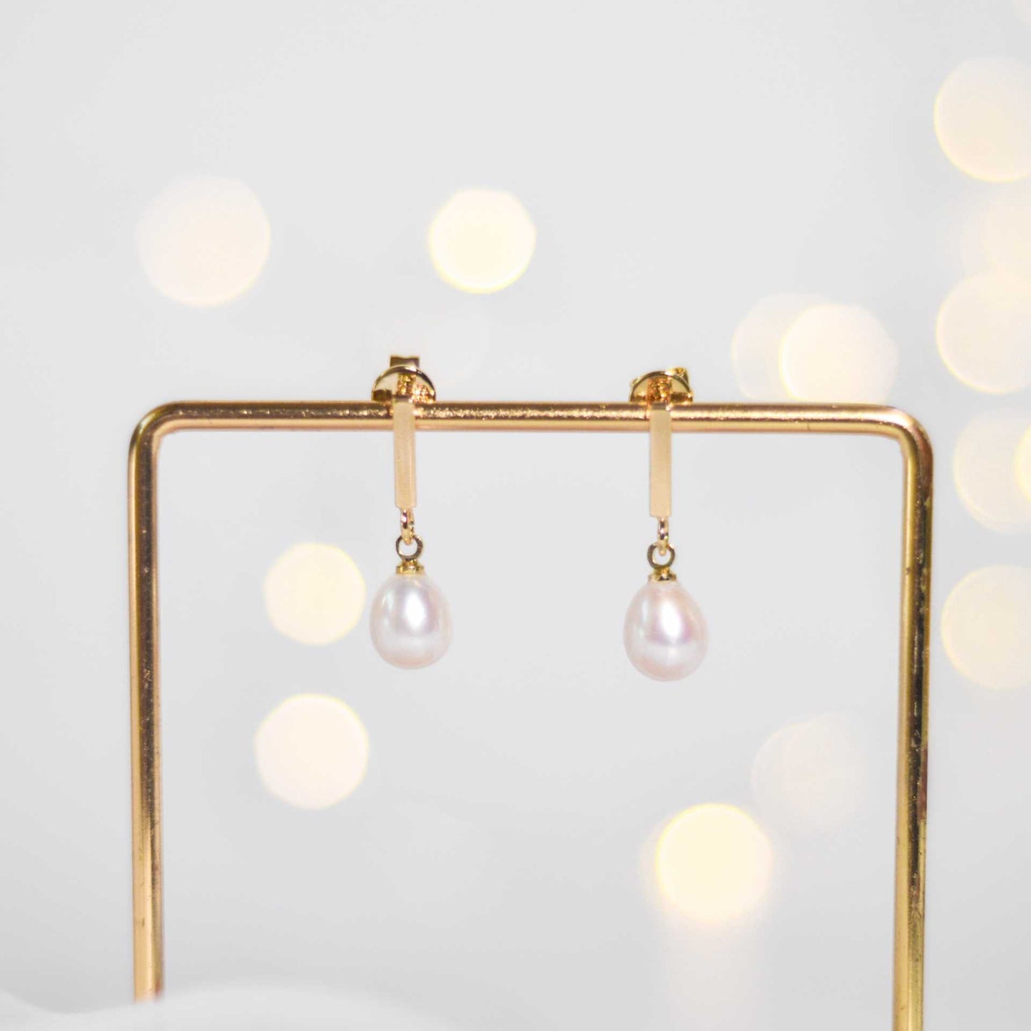 9.7 mm White Biwa Pearl Yellow Gold Plated with Rectangle Stud Earrings