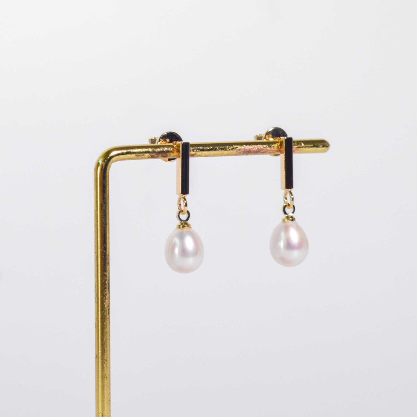 9.7 mm White Biwa Pearl Yellow Gold Plated with Rectangle Stud Earrings