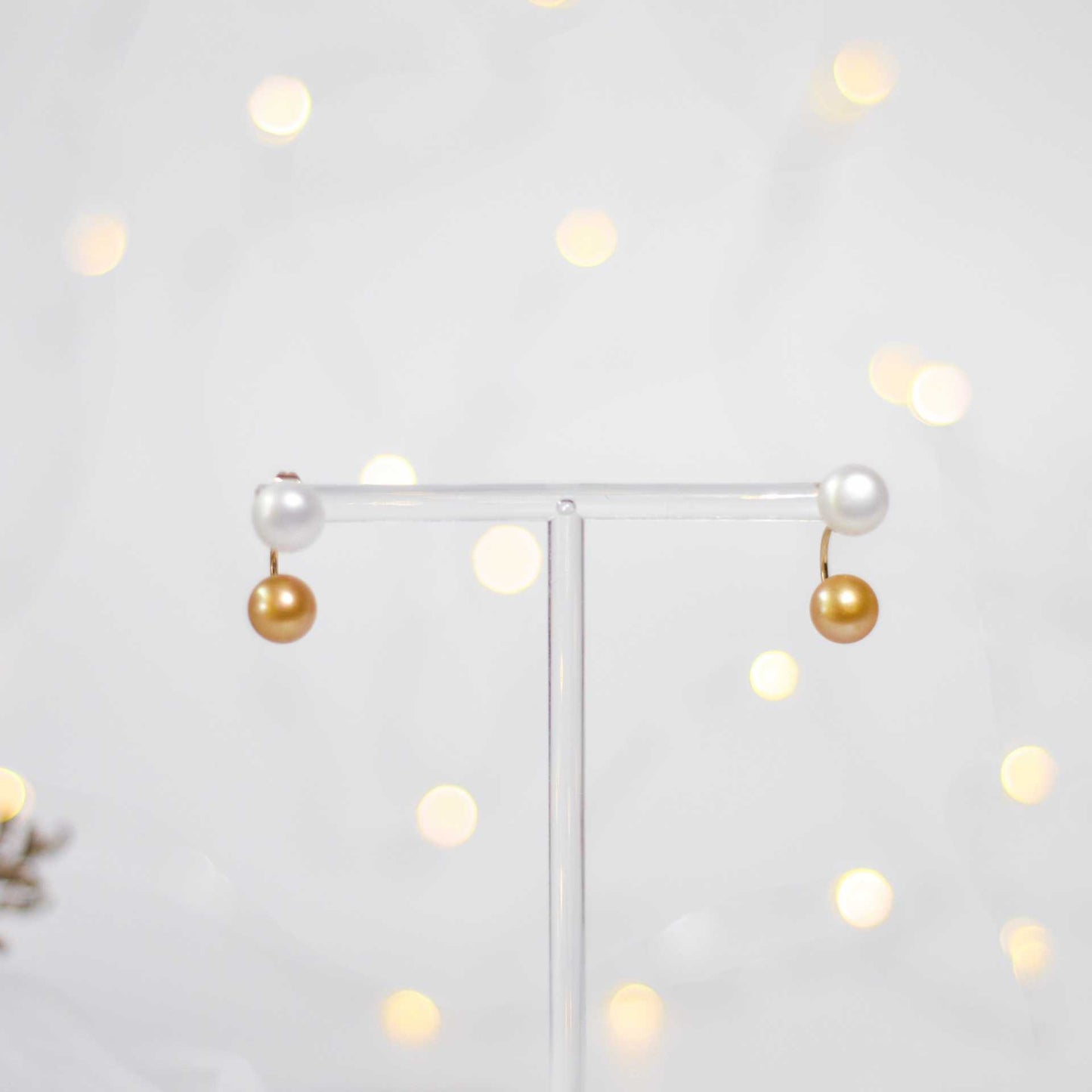 9.7 mm white siopao pearl yellow gold plated stud with 9.3 mm champagne siopao half hoop plug earrings