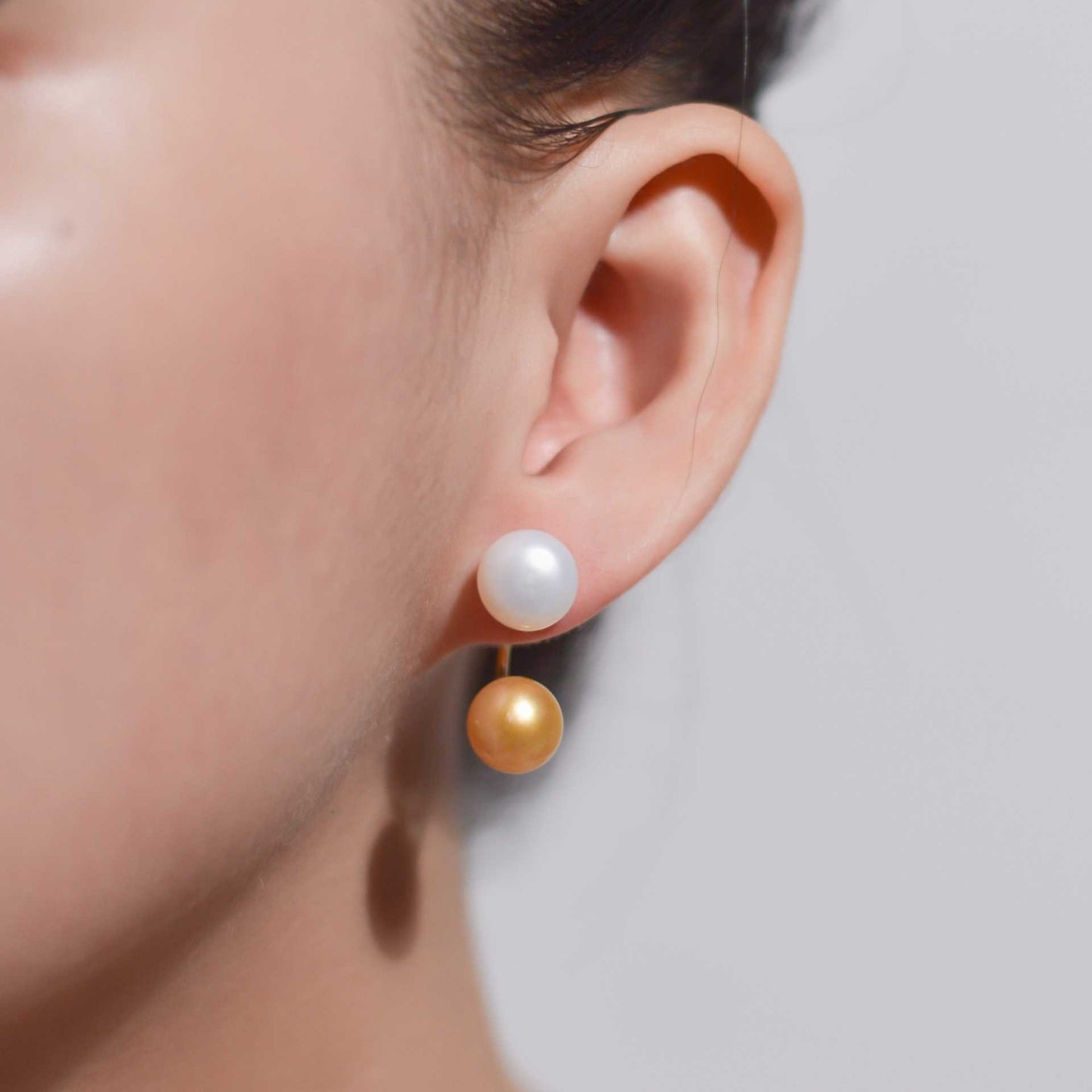 9.7 mm white siopao pearl yellow gold plated stud with 9.3 mm champagne siopao half hoop plug earrings