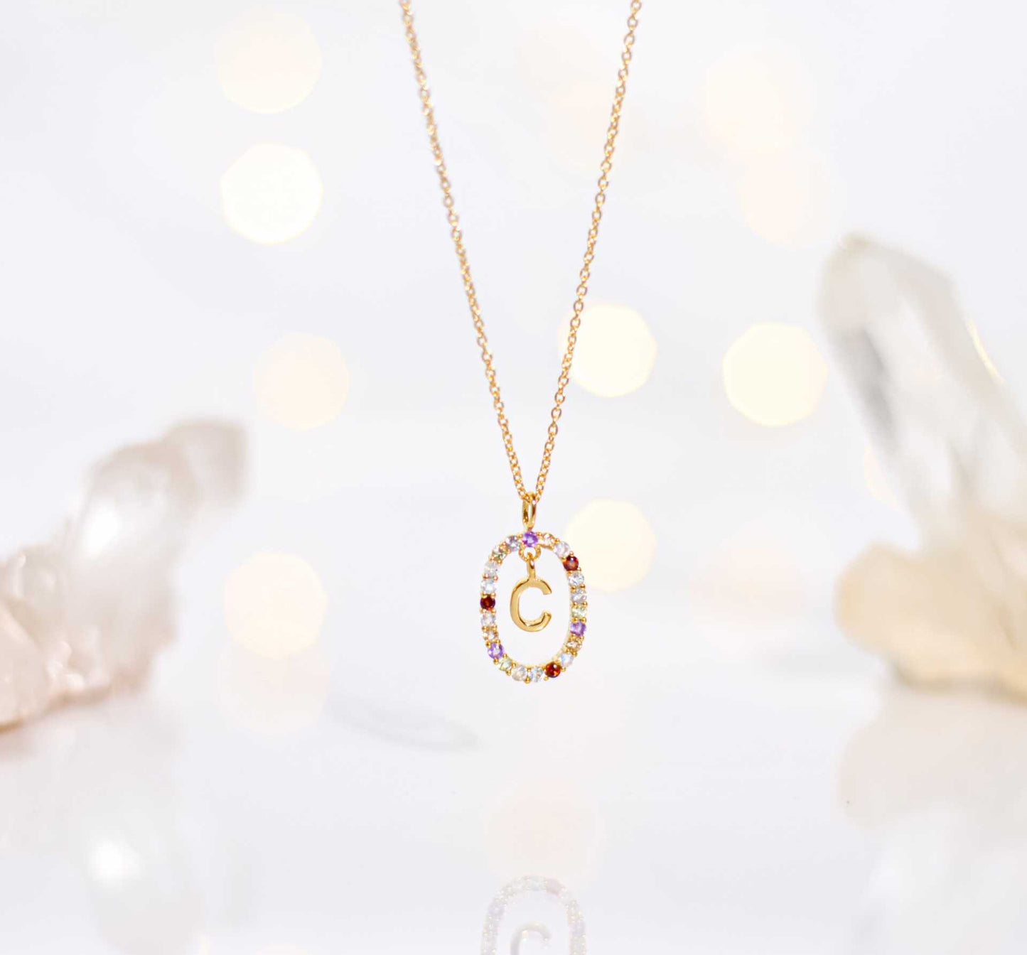 Alphabet "Letter C" with Multi Gemstones Halo Gold plated Necklace
