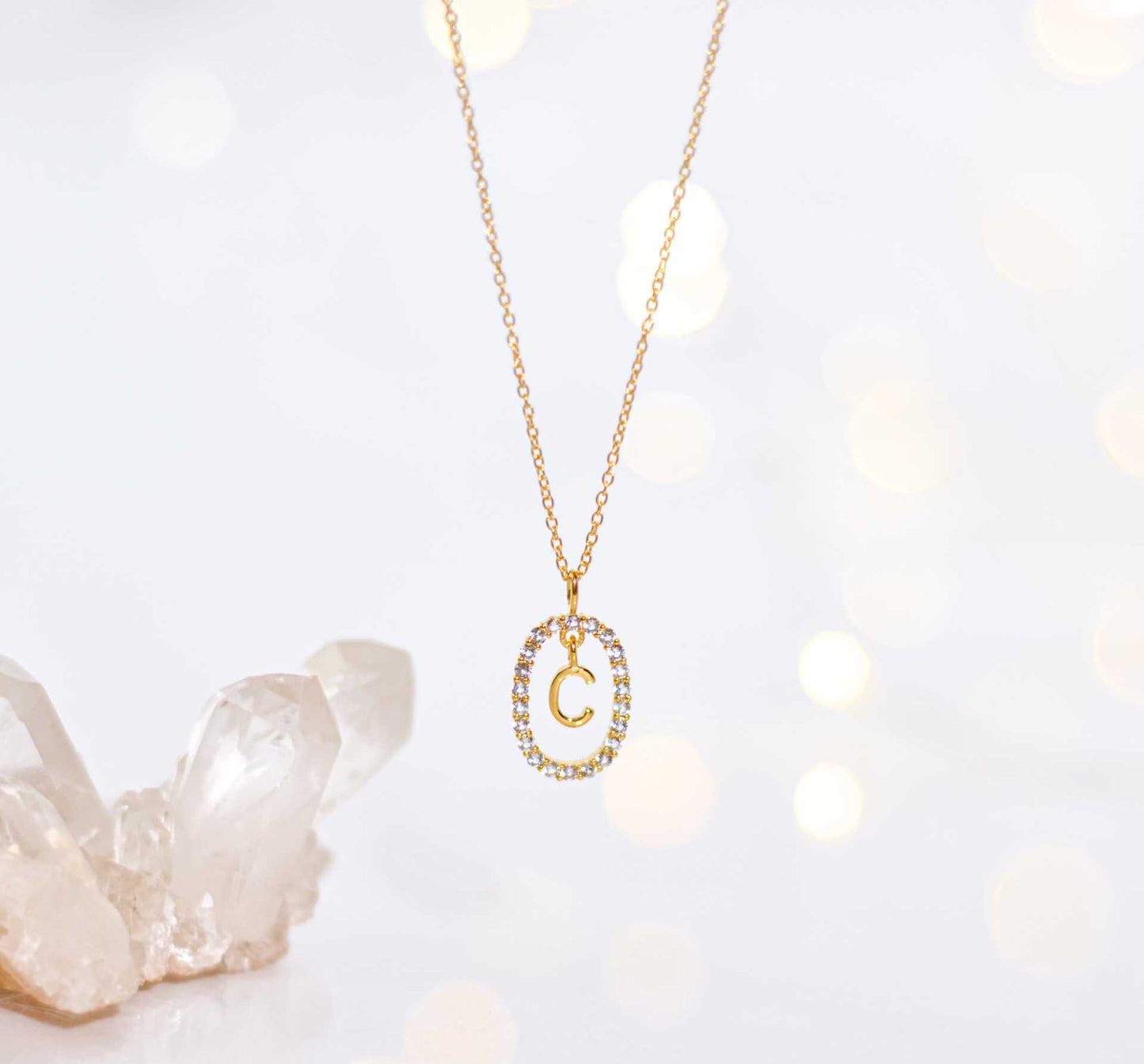 Alphabet "Letter C" with White Topaz Halo Gold plated Necklace