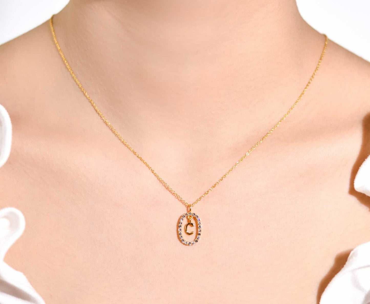 Alphabet "Letter C" with White Topaz Halo Gold plated Necklace