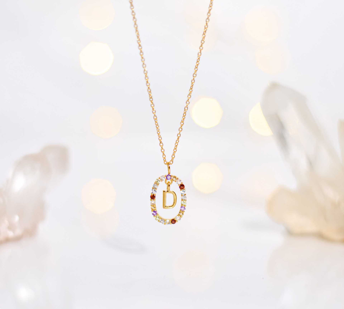Alphabet "Letter D" with Multi Gemstones Halo Gold plated Necklace