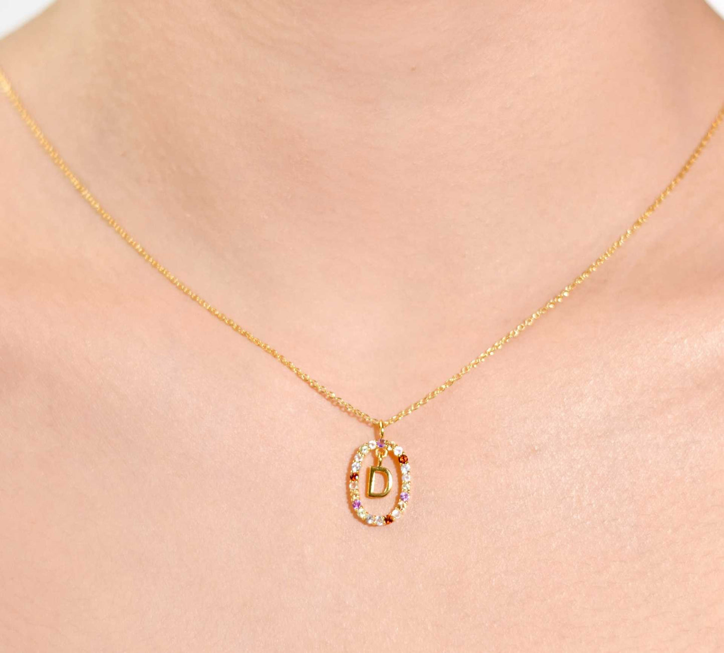 Alphabet "Letter D" with Multi Gemstones Halo Gold plated Necklace