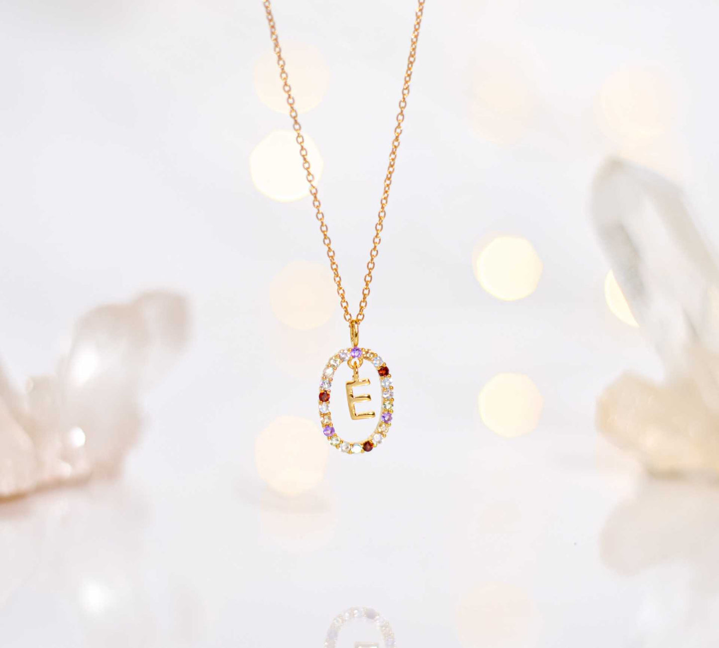 Alphabet "Letter E" with Multi Gemstones Halo Gold plated Necklace