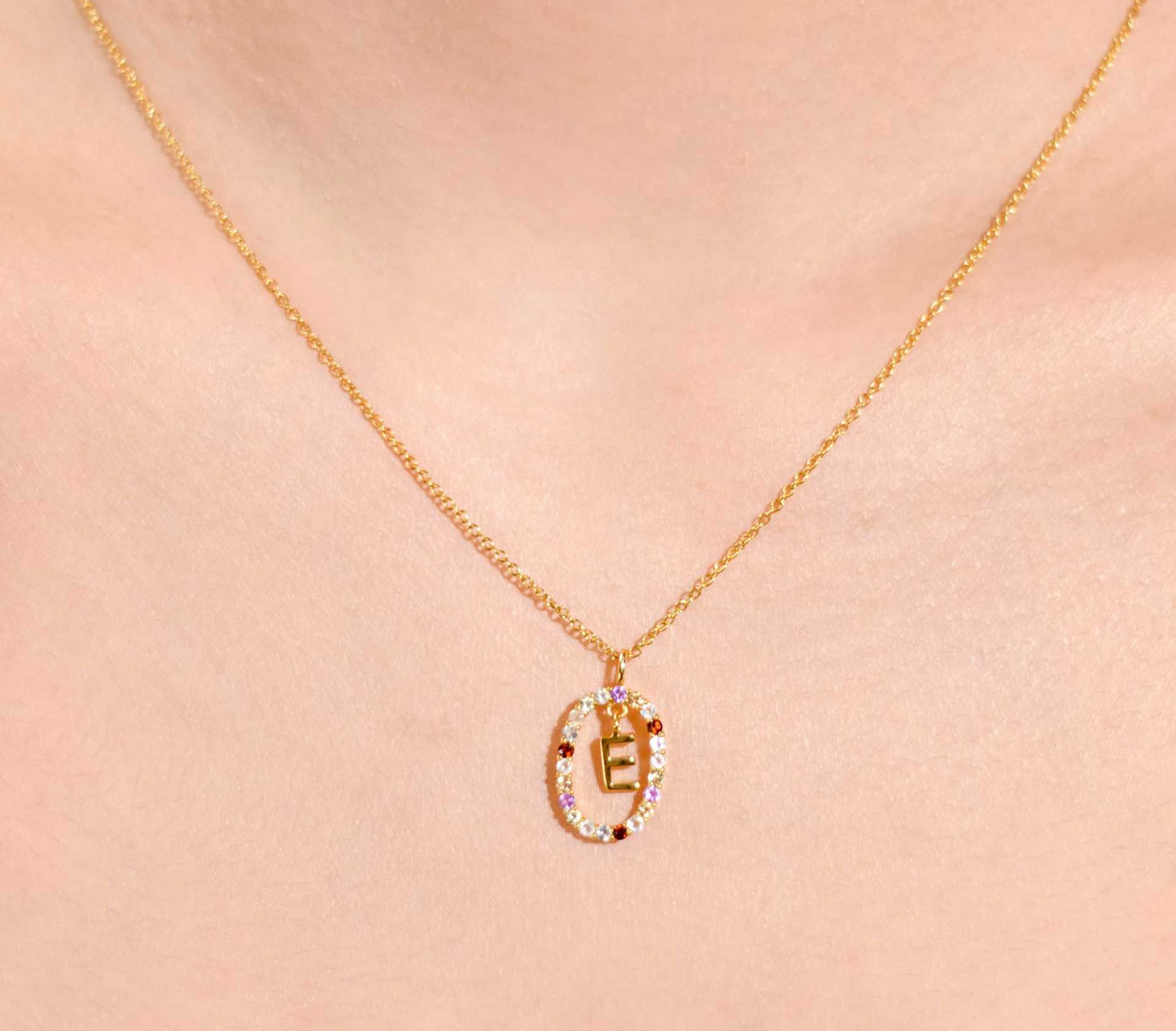 Alphabet "Letter E" with Multi Gemstones Halo Gold plated Necklace