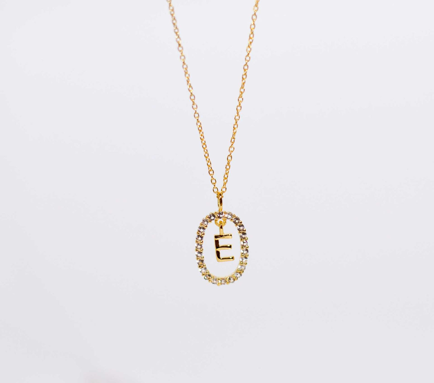 Alphabet "Letter E" with White Topaz Halo Gold plated Necklace